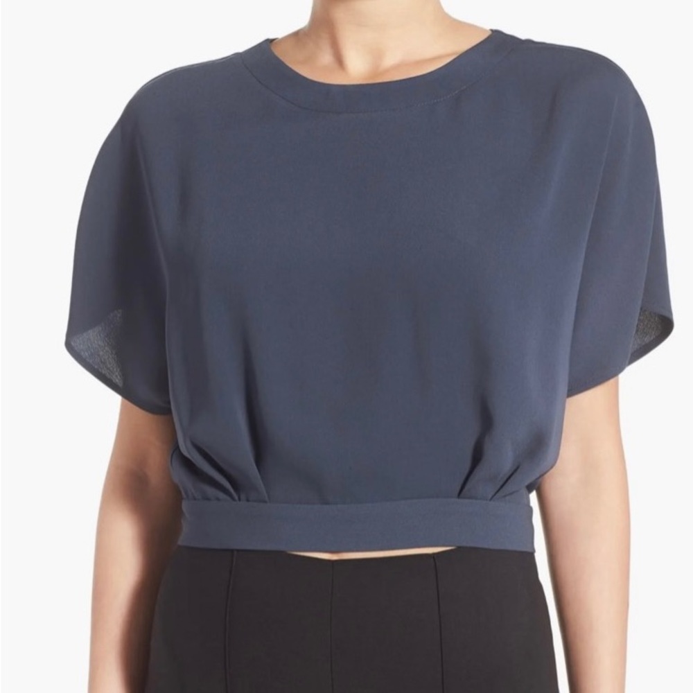 ASTR the Label | Open Back Crop Blouse in Dark Blue • XS